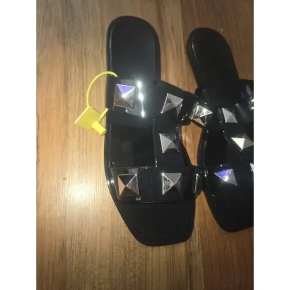 Women Flats Sandals, Studded Jelly Shoes Size 8 Red Dressy Summer Beach - Picture 2 of 5